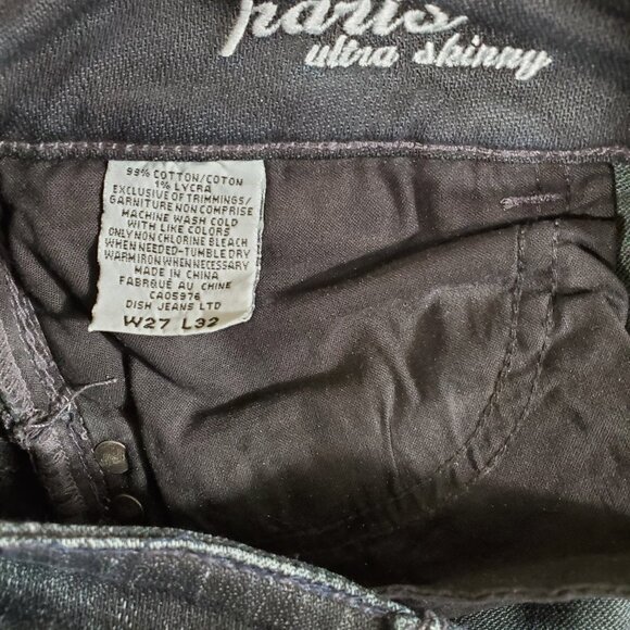 DISH JEANS Paris ultra skinny low rise dark wash L32 biker style Pre-owned - Picture 11 of 14